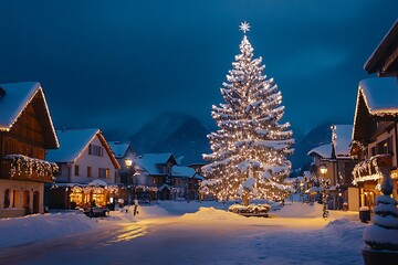 Fototapeta premium A snowy Christmas market with small vendor huts and a brightly lit Christmas tree in the center 