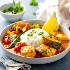 Close-up of a seafood curry with rice and vegetables in a white bowl
