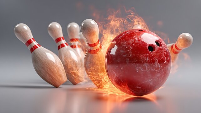 Fiery bowling ball ignites pins in a dramatic strike on a reflective surface
