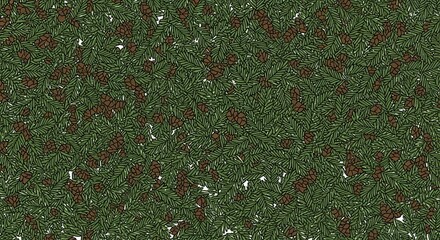 Dense pattern of evergreen branches and brown cones fills the entire frame