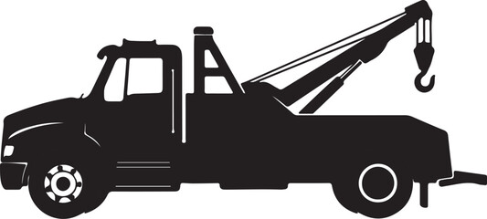 Black Silhouette of a Tow Truck with Crane and Hook towing vehicle on transparent background