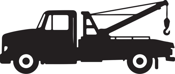Black silhouette of a vintage tow truck with a crane arm wrecker towing vehicle on transparent background