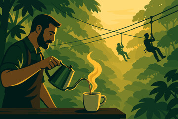 Jungle zipline adventure with fresh coffee brewing