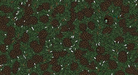 Dense arrangement of dark brown seed cones nestled within vibrant green coniferous needles