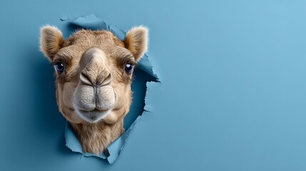 Naklejka premium Close up of a camel's face peeking out from a hole in a blue background. Concept of curiosity and wonder as the camel's gaze is directed towards the viewer. The blue background adds a calming