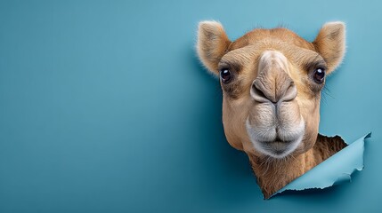 Obraz premium Close up of a camel's face peeking out from behind a paper. The image has a playful and whimsical mood, as the camel's face is the main focus and the paper adds an element of surprise and curiosity