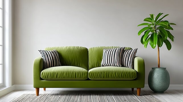 Green couch sits in front of a white wall with a potted plant in the corner. The room has a clean and minimalist look, with the couch and plant being the main focal points
