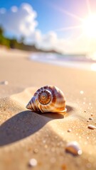 Close-up of a seashell on a sandy beach bathed in warm sunlight