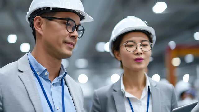 Two people wearing hard hats and glasses are looking at something. They are both wearing suits and have lanyards