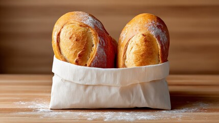 Two loaves of bread are sitting in a white paper bag on a wooden table. The bread is covered in powdered sugar, giving it a sweet and inviting appearance. Concept of warmth and comfort