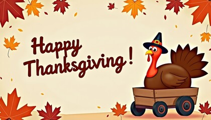 Fototapeta premium Colorful cartoon illustration of a cheerful turkey wearing a pilgrim hat, sitting in a wooden cart surrounded by autumn leaves, celebrating the Thanksgiving holiday spirit