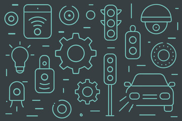 Smart city and transportation icons in seamless line pattern