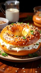 Close-up of a seeded bagel, cream cheese, herbs, and drinks