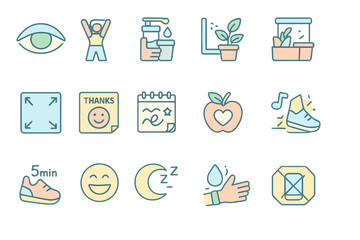 Colorful wellness and self-care icon set on dark background