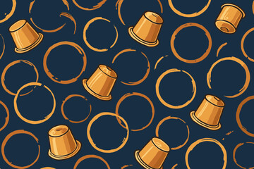 Seamless coffee capsule and stain ring pattern on navy background