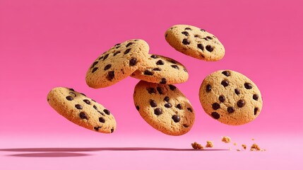 Close up of a pile of chocolate chip cookies. The cookies are flying through the air, with one cookie missing. Concept of excitement and playfulness