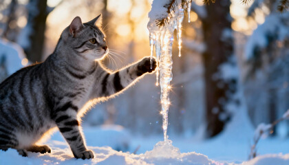 A gray tabby cat interacts with icicles hanging from a tree branch in a snowy forest during sunset. The scene captures winter's beauty and playful feline curiosity.