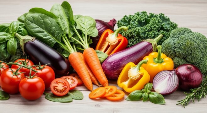 Vibrant array of fresh vegetables on wooden surface including eggplant and peppers
