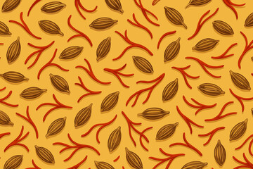 Seamless pattern with cardamom pods and saffron on yellow