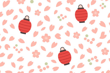 Seamless cherry blossom pattern with red lanterns on peach