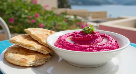 Vibrant beet hummus with pita bread overlooking scenic outdoor view