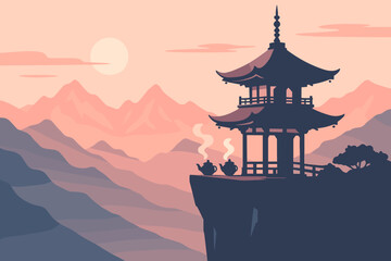 Sunrise view of pagoda and tea set in peaceful mountains