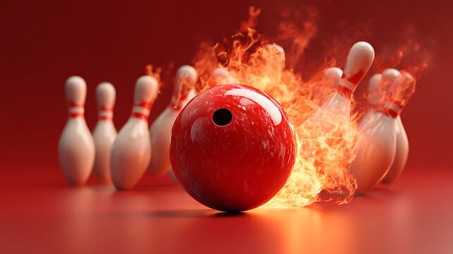 Fiery red bowling ball ignites pins in dramatic strike on a red background