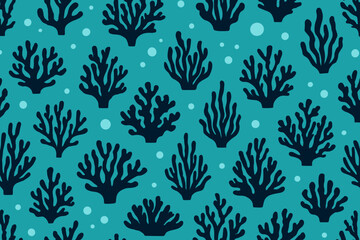 Dense coral reef silhouette pattern with bubbles on teal background