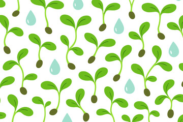 Seamless pattern of sprouting seeds and water droplets on a vibrant green background