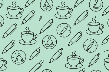 Seamless pattern with coffee cups, pens, and mindfulness icons