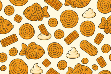 Cartoon dessert pattern with waffles, fish pastries, and swirls