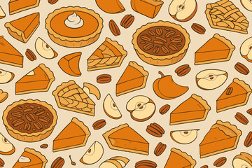 Seamless pattern of pie slices with apples, pecans, and pumpkins