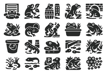 Urban and scientific frog lifecycle illustrations in black and white