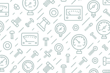 Light blue seamless pattern with gauges, bolts, and tools