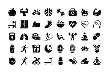 Fototapeta premium Healthy lifestyle and physical fitness exercises training in gym vector icons set
