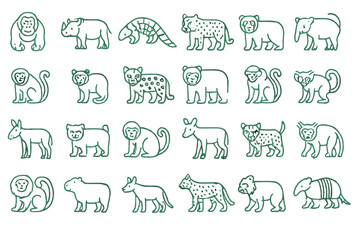 Outlined icon set of wild animals in jungle green theme