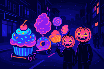 Halloween parade with neon candy floats and pumpkin masks