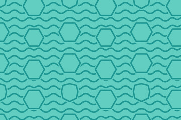 Abstract hexagon and wave seamless marine pattern in teal