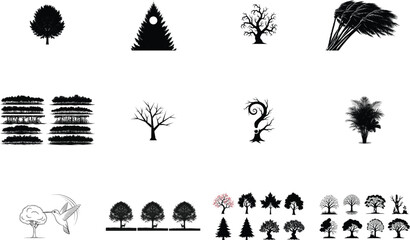 Diverse tree and nature illustrations silhouette plant