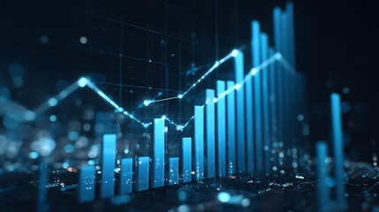 Futuristic digital bar graph with glowing blue lines representing financial growth and data analysis