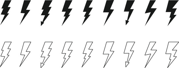 Collection of black and white lightning bolt icons and symbols