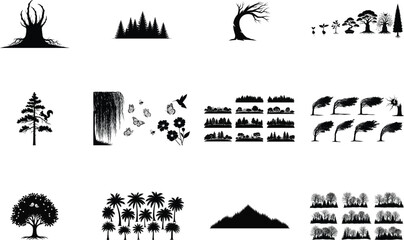 Diverse tree silhouettes and nature scenes trees forest