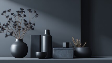 Elegant dark still life arrangement with flowers and minimalist decorative objects on a shelf