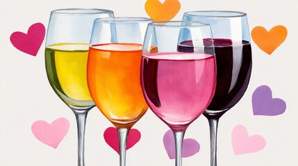 Painting of four wine glasses with hearts around them. The wine glasses are of different colors and sizes, and they are arranged in a way that creates a sense of harmony and balance