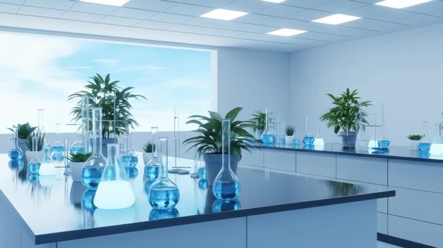 Modern laboratory with labware, plants, and large window overlooking a blue sky. Minimalist design