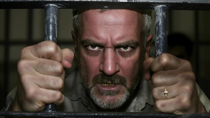 Inmate expressing extreme anger behind prison bars. Mature man shouting with rage and frustration in confined cell. Dynamic camera movement with tilting and panning.