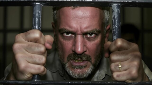 Inmate expressing extreme anger behind prison bars. Mature man shouting with rage and frustration in confined cell. Dynamic camera movement with tilting and panning.