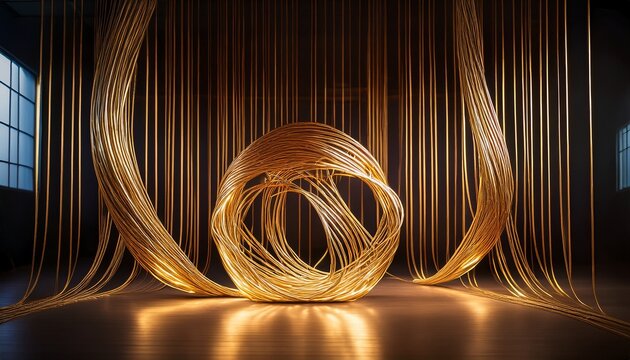 Abstract Light Sculpture Featuring Golden Threads And Neon Lighting In A Dark Room