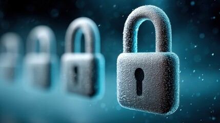 Frosted padlocks floating in digital space, foreground lock in sharp focus with icy texture and visible keyhole, blurred repeated locks in background, cold blue