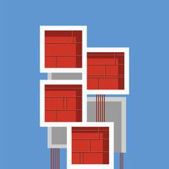 Modern minimalist building illustration collection featuring geometric architecture, clean flat vector. Geometric Modern Architecture Illustration. Minimal Colorful Building on a Sunny Day.